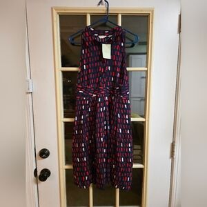 Anthropologie Navy Midi Dress with Red and Cream Geometric Print